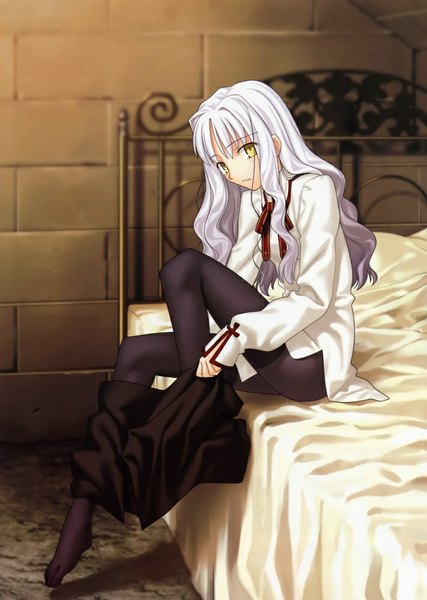 Anime picture 711x1000 with fate/hollow ataraxia type-moon caren hortensia takeuchi takashi single long hair tall image looking at viewer yellow eyes white hair open clothes no shoes open skirt girl shirt pantyhose bed