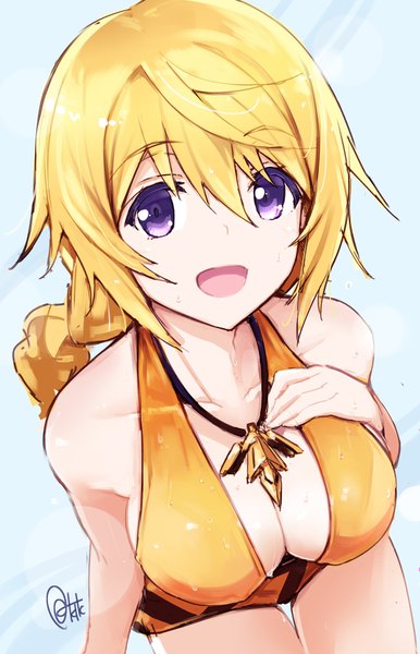 Anime picture 2637x4096 with infinite stratos 8bit charles dunois azumi akitake single long hair tall image looking at viewer fringe highres breasts open mouth light erotic blonde hair hair between eyes large breasts purple eyes signed from above hand on chest
