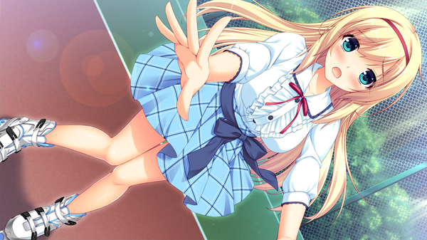 Anime picture 1280x720 with natsu koi high pressure hoshina maria sayori single long hair looking at viewer blush breasts open mouth blue eyes blonde hair wide image large breasts game cg knees touching girl skirt bow plant (plants) shirt