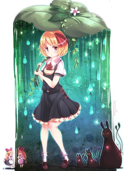 Anime picture 1400x1920 with touhou rumia shanghai furim single tall image looking at viewer short hair blonde hair smile red eyes standing signed short sleeves dated knees together feet apart adapted costume girl skirt flower (flowers)