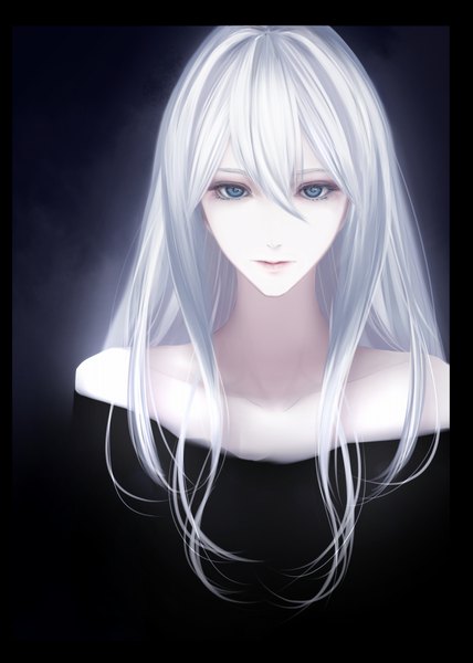 Anime picture 731x1024 with original erise single long hair tall image looking at viewer fringe blue eyes hair between eyes bare shoulders upper body white hair lips realistic portrait dark background letterboxed eyeshadow makeup girl