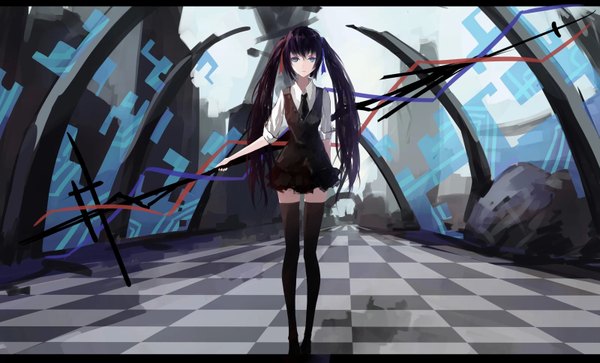 Anime picture 1600x970 with original .l.l single long hair looking at viewer blue eyes black hair wide image twintails checkered floor girl thighhighs skirt hair ornament black thighhighs shirt