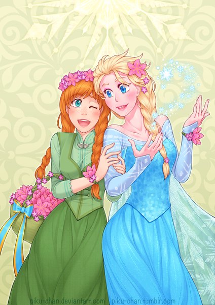 Anime picture 900x1273 with frozen (disney) disney elsa (frozen) anna (frozen) piku-chan long hair tall image blush open mouth blue eyes blonde hair smile multiple girls signed braid (braids) :d one eye closed hair flower aqua eyes orange hair