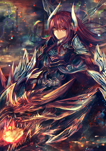 Anime picture 1447x2047 with shingeki no bahamut forte (shingeki no bahamut) kaze minoru so-ru single long hair tall image looking at viewer fringe hair between eyes red eyes brown hair ahoge red hair horn (horns) floating hair fantasy serious girl armor fire