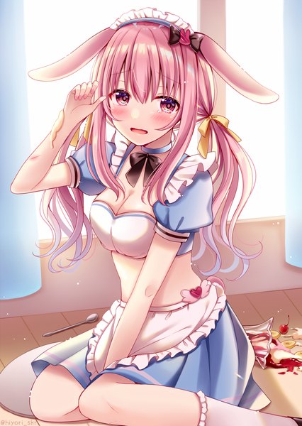 Anime picture 773x1088 with original sakura hiyori single long hair tall image looking at viewer blush fringe breasts open mouth hair between eyes red eyes sitting twintails signed animal ears pink hair cleavage bent knee (knees) indoors