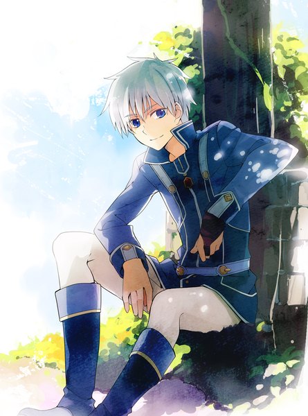 Anime picture 742x1000 with akagami no shirayukihime studio bones zen wistalia (akagami no shirayukihime) takerusilt single tall image fringe short hair blue eyes hair between eyes sitting looking away silver hair light smile boy knee boots
