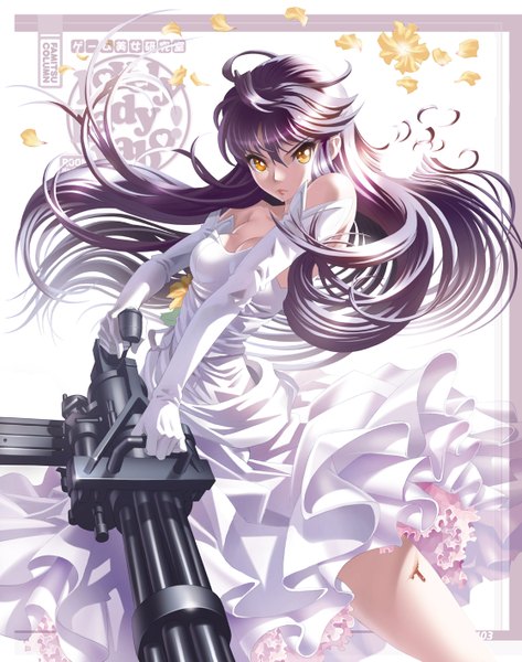 Anime picture 1118x1417 with metal max cola (metal max) maeda hiroyuki (artist) single long hair tall image black hair yellow eyes cleavage angry girl dress gloves flower (flowers) weapon elbow gloves white dress gun blood