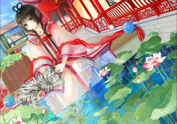 Anime picture 1280x900 with vocaloid vocaloid china luo tianyi object spring single long hair looking at viewer blue eyes black hair sitting traditional clothes chinese clothes girl hair ornament flower (flowers) animal water tiger hanfu