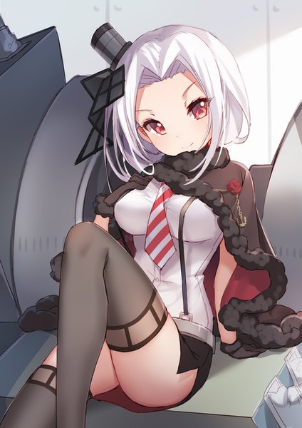 Anime picture 1000x1415 with warship girls r vittorio veneto (warship girls r) bison cangshu single tall image looking at viewer blush fringe short hair light erotic smile red eyes sitting payot white hair head tilt arm support fur trim hand on chest girl