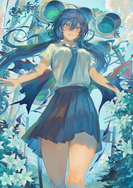 Anime picture 1241x1758 with original mashuu (neko no oyashiro) single long hair tall image looking at viewer blush fringe blue eyes black hair hair between eyes standing twintails sky cloud (clouds) outdoors parted lips pleated skirt from below short sleeves