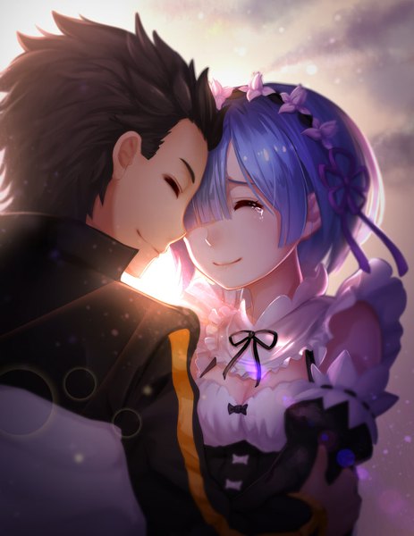 Anime picture 1024x1327 with re:zero kara hajimeru isekai seikatsu white fox rem (re:zero) natsuki subaru jurrig tall image fringe short hair black hair smile blue hair sky cloud (clouds) blunt bangs eyes closed profile hair flower sunlight hair over one eye maid