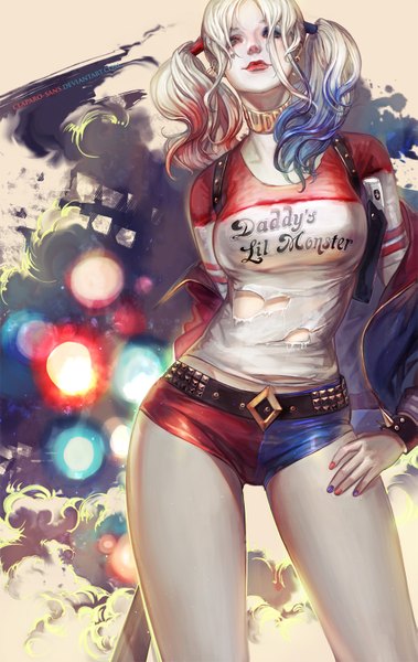 Anime picture 1011x1600 with batman suicide squad dc comics harley queen claparo-sans single long hair tall image looking at viewer breasts light erotic large breasts standing blue hair white hair red hair nail polish inscription open clothes open jacket