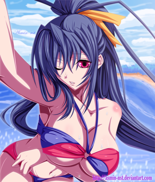 Anime picture 2000x2349 with highschool dxd himejima akeno iitheluciferii single long hair tall image highres breasts light erotic large breasts blue hair sky cloud (clouds) ponytail one eye closed pink eyes wink armpit (armpits) coloring girl