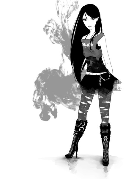 Anime picture 2480x3507 with vocaloid mew tagme (artist) single long hair tall image highres black hair black eyes monochrome girl dress boots black dress