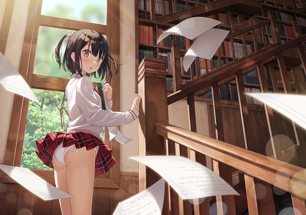 Anime picture 2200x1552 with original shizuku (kantoku) kantoku single looking at viewer blush fringe highres short hair open mouth light erotic black hair red eyes standing holding ass indoors long sleeves pleated skirt wind