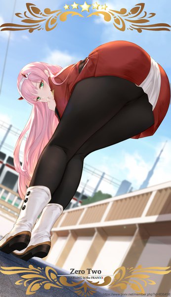 Anime picture 807x1400 with darling in the franxx studio trigger zero two (darling in the franxx) yijian ma single long hair tall image looking at viewer blush light erotic green eyes pink hair sky full body ass outdoors horn (horns) from behind leaning leaning forward
