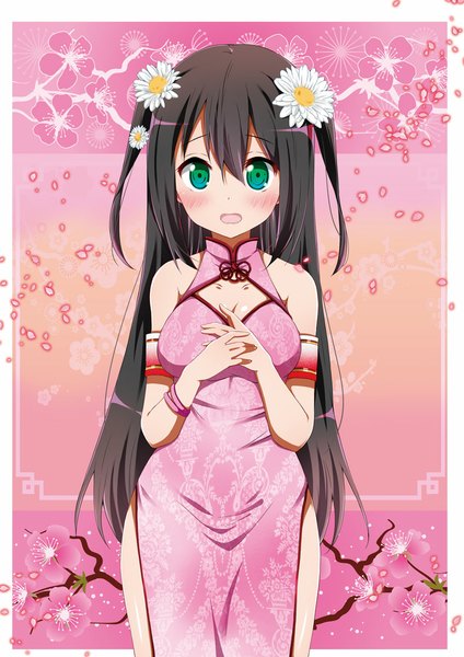 Anime picture 800x1132 with original ragho no erika single long hair tall image blush open mouth black hair bare shoulders green eyes cleavage traditional clothes hair flower two side up embarrassed chinese clothes girl flower (flowers) petals bracelet
