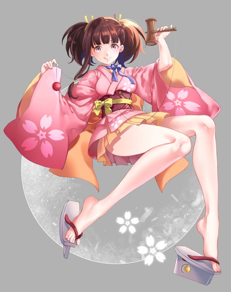 Anime picture 950x1200 with koutetsujou no kabaneri wit studio mumei (kabaneri) shiosoda single tall image looking at viewer fringe simple background brown hair twintails brown eyes full body blunt bangs traditional clothes japanese clothes grey background wide sleeves legs short twintails