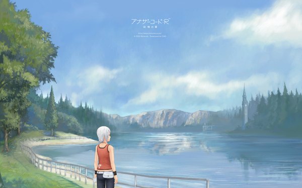 Anime picture 1920x1200 with another code another code r cing ashley mizuki robbins kanasaki taisuke single highres short hair wide image sky outdoors white hair official art copyright name landscape lake girl tank top fanny pack