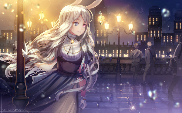 Anime picture 4000x2500 with original rezo-sempai long hair fringe highres standing signed animal ears looking away absurdres silver hair outdoors parted lips pink eyes light smile wind blurry night sparkle grey eyes