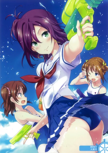 Anime picture 2701x3840 with high school fleet misaki akeno ogasawara hikari katsuta satoko hiura r (artist) long hair tall image blush highres short hair open mouth blue eyes light erotic brown hair multiple girls green eyes looking away purple hair ass one eye closed