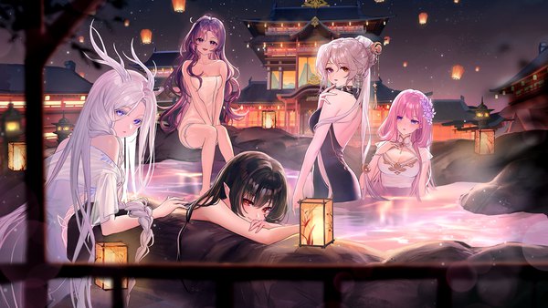 Anime picture 1920x1080 with original zuo600 long hair looking at viewer blush fringe highres breasts open mouth light erotic black hair smile hair between eyes red eyes wide image large breasts standing sitting purple eyes multiple girls