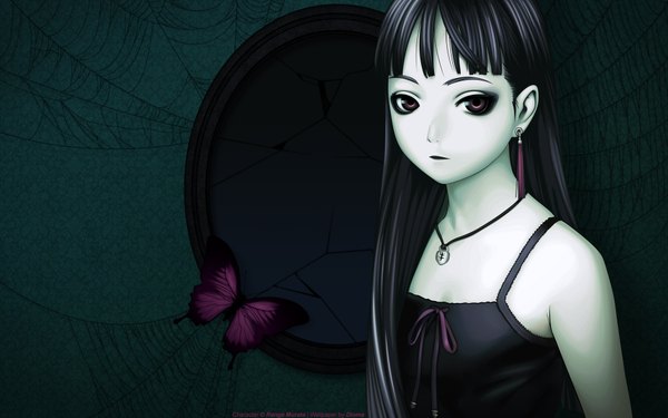 Anime picture 1920x1200 with original range murata dioma single long hair highres red eyes wide image third-party edit green background girl earrings pendant insect butterfly jewelry mirror spider web