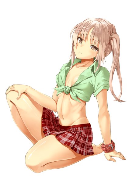 Anime picture 781x1105 with original murata taichi single long hair tall image looking at viewer blush fringe breasts simple background brown hair standing white background sitting brown eyes cleavage full body bent knee (knees) parted lips head tilt