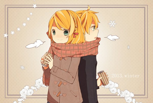 Anime picture 1020x689 with vocaloid kagamine rin kagamine len tagme (artist) blush short hair open mouth blue eyes blonde hair smile couple twins shared scarf girl boy scarf coat