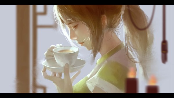 Anime picture 4409x2480 with spirited away studio ghibli ogino chihiro wei feng single long hair highres brown hair wide image holding absurdres upper body eyes closed profile lips depth of field letterboxed alternate age older girl