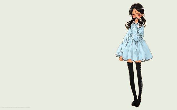 Anime picture 1920x1200 with shoujo mahou gaku little witch romanesque littlewitch kaya xavier oyari ashito single long hair looking at viewer highres black hair simple background wide image standing twintails full body wallpaper low twintails blue background covered mouth holding hair girl