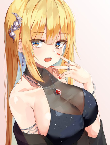 Anime picture 1000x1322 with original lkeris single long hair tall image looking at viewer blush fringe breasts open mouth light erotic simple background blonde hair large breasts bare shoulders payot upper body nail polish multicolored hair fingernails