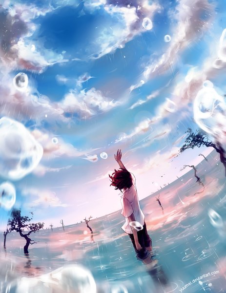 Anime picture 750x971 with original yuumei single tall image short hair standing sky cloud (clouds) arm up wind blurry orange hair outstretched arm back rain abstract boy plant (plants) tree (trees) water