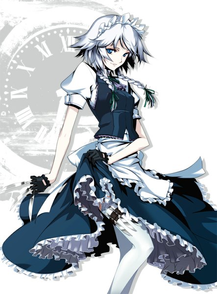 Anime picture 739x1000 with touhou izayoi sakuya hong (white spider) single tall image looking at viewer short hair blue eyes smile white background silver hair braid (braids) maid twin braids girl thighhighs skirt gloves weapon white thighhighs