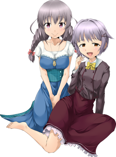 Anime picture 1401x1897 with solru (tyappygain) long hair tall image looking at viewer short hair open mouth smile purple eyes multiple girls barefoot grey hair drill hair transparent background girl dress 2 girls