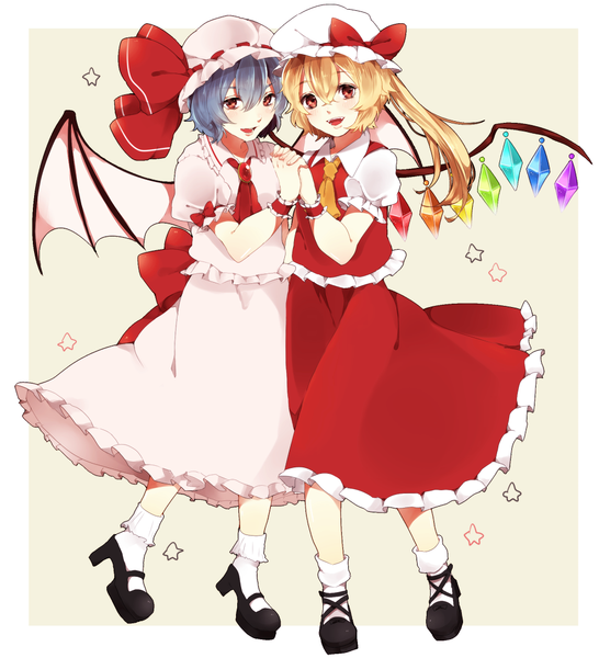 Anime picture 1000x1099 with touhou flandre scarlet remilia scarlet maru (kkk190) tall image blush short hair open mouth blonde hair red eyes multiple girls blue hair girl dress skirt 2 girls wings socks frills white socks