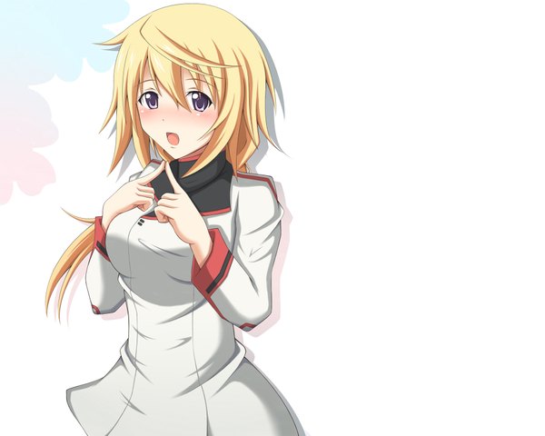 Anime-Bild 1920x1536 mit infinite stratos 8bit charles dunois minatsuki nao single long hair blush highres open mouth simple background blonde hair white background purple eyes shadow third-party edit fingers together girl uniform school uniform