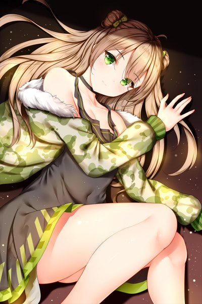 Anime picture 1200x1800 with girls frontline rfb (girls frontline) wsman single long hair tall image looking at viewer blush fringe light erotic brown hair bare shoulders green eyes ahoge bent knee (knees) lying long sleeves light smile off shoulder open jacket