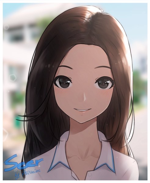 Anime picture 1800x2200 with original ariinine single long hair tall image looking at viewer blush highres smile brown hair brown eyes sunlight close-up open collar girl building (buildings)