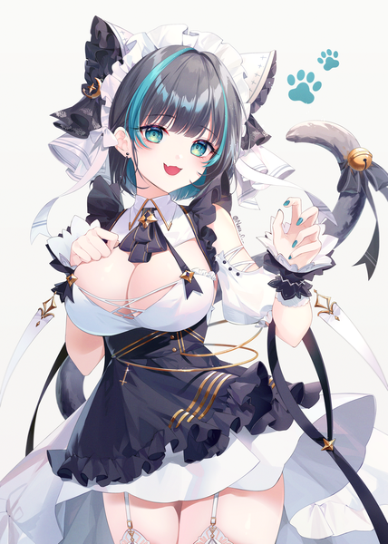 Anime picture 3000x4200 with azur lane cheshire (azur lane) naru single tall image looking at viewer blush fringe highres short hair breasts open mouth blue eyes light erotic black hair simple background large breasts standing signed cleavage