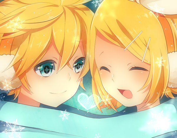 Anime picture 1500x1171 with vocaloid kagamine rin kagamine len achiki short hair open mouth blonde hair smile aqua eyes face face to face twins + + shared scarf girl boy hair ornament scarf bobby pin earmuffs
