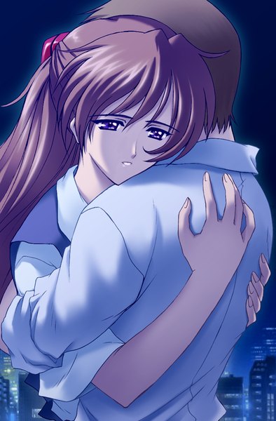 Anime picture 526x800 with neon genesis evangelion gainax soryu asuka langley ikari shinji suzuno kouya long hair tall image fringe short hair hair between eyes brown hair purple eyes looking away night short sleeves couple hug city sad girl