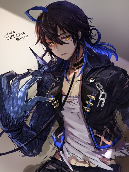 Anime picture 1080x1440 with king's raid ezekiel (king's raid) rudia single long hair tall image looking at viewer fringe open mouth black hair hair between eyes standing yellow eyes ahoge multicolored hair open jacket two-tone hair shaded face sketch boy