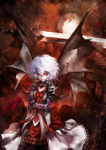 Anime picture 848x1200 with devil may cry touhou remilia scarlet dante (devil may cry) banpai akira tall image looking at viewer short hair red eyes purple hair white hair grin finger to mouth pale skin bat wings vampire girl dress boy ribbon (ribbons)