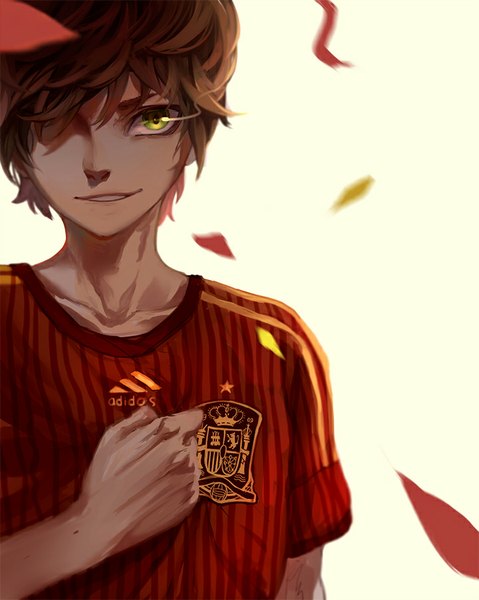 Anime picture 719x900 with axis powers hetalia studio deen adidas spain (hetalia) single tall image looking at viewer fringe short hair simple background smile brown hair green eyes glowing hand on chest glowing eye (eyes) smirk playing sports product placement football