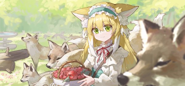 Anime picture 4118x1923 with arknights suzuran (arknights) suzuran (spring praise) (arknights) sentter single long hair looking at viewer fringe highres blonde hair smile hair between eyes wide image green eyes animal ears payot upper body outdoors white hair tail