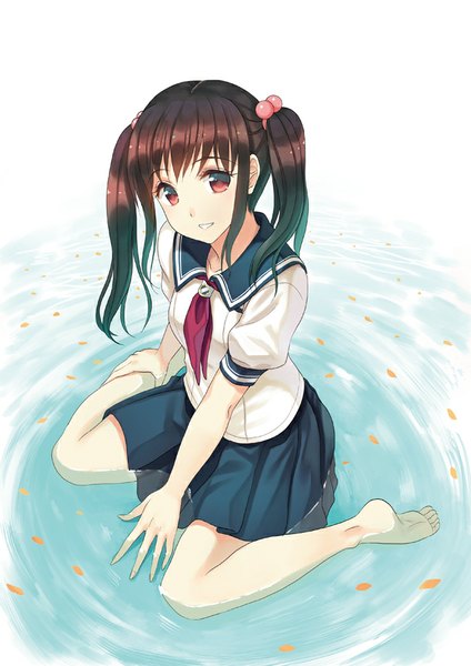 Anime picture 650x919 with photokano sakura mai (photokano) kichiroku single long hair tall image looking at viewer fringe smile brown hair white background sitting twintails brown eyes pleated skirt from above bare legs wet no shoes partially submerged