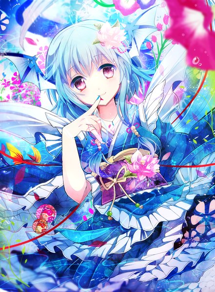Anime picture 1442x1960 with touhou wakasagihime fumiko (miruyuana) single tall image looking at viewer short hair smile blue hair pink eyes hair flower finger to mouth underwater head wings girl dress hair ornament flower (flowers) petals fish (fishes)