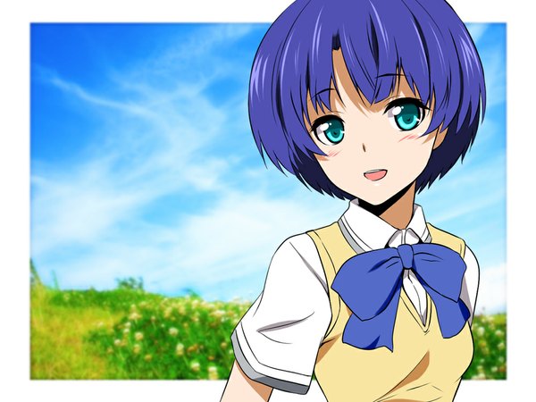 Anime picture 1000x750 with ano natsu de matteru j.c. staff tanigawa kanna k2isu single short hair open mouth blue eyes blue hair girl uniform school uniform bowtie