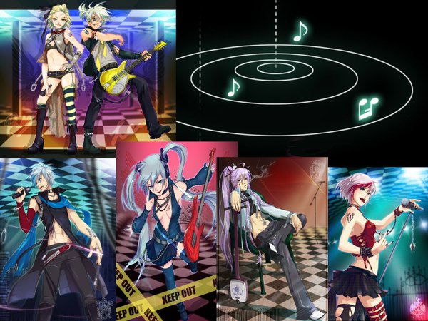 Anime picture 1600x1200 with vocaloid hatsune miku kagamine rin kagamine len kaito (vocaloid) meiko kamui gakupo momopanda long hair blue eyes simple background blonde hair twintails cleavage tail grey hair tattoo piercing multiview checkered floor